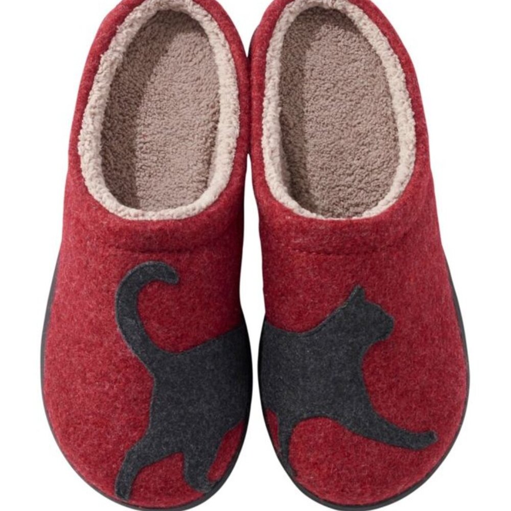 LL BEAN Women's Daybreak Scuffs Motif - Deepest Red/Charcoal Cat